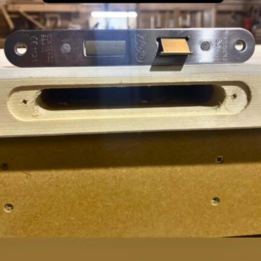 Mortise lock case routered and fitted into a ReadyDoor frame edge